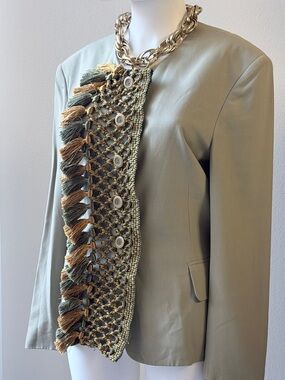 Escada Upstaged Tassel Blazer in Olive and Gold